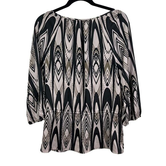 Banana Republic Blouse Keyhole Neck Tie Waist Peasant Sleeve Taupe Black Women M - Picture 4 of 5